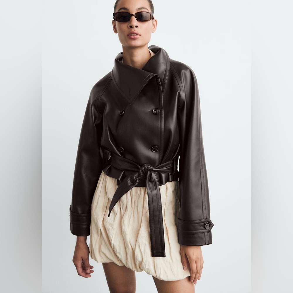 Mango Women's Dark Brown Leather Jacket with Belt
